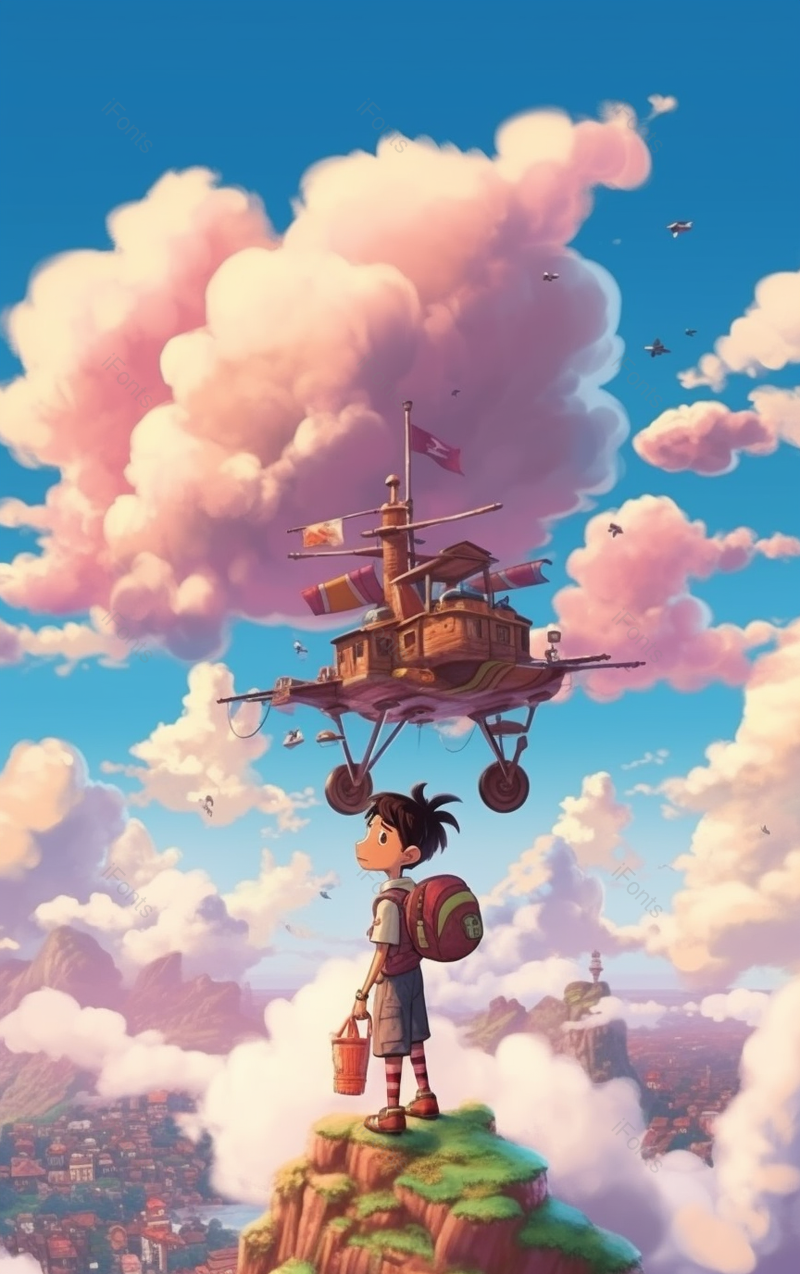 背双肩包孩子小孩小朋友山头眺望驾驶飞机飞行在蓝色天空清新可爱儿童节插画,插画/手绘图,插画/手绘图库,插画/手绘图下载,插画/手绘